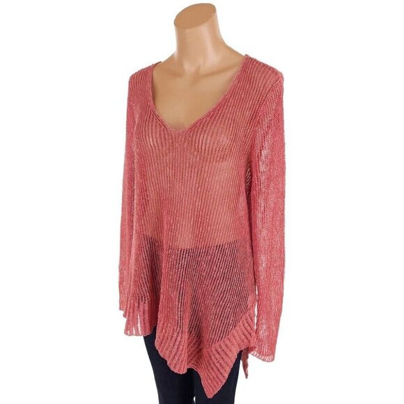 Eileen Fisher Airy Linen Grain Rib V Neck Sweater Size L Coral Tunic Top - Picture 4 of 13